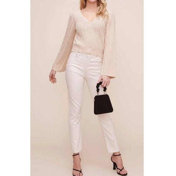 Revolve ASTR the Label NEW Antiqued Cream Cross Knit Open Weave V-Neck Sweater M - Picture 9 of 13